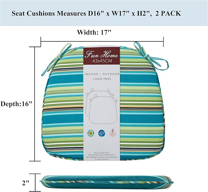 FUNHOME 17"x16"x2" Outdoor Chair Cushions Set of 4, Water Resistant Patio Chair Pads with Ties, Seat Cushions for Home Garden Furniture Decoration-Green Stripe