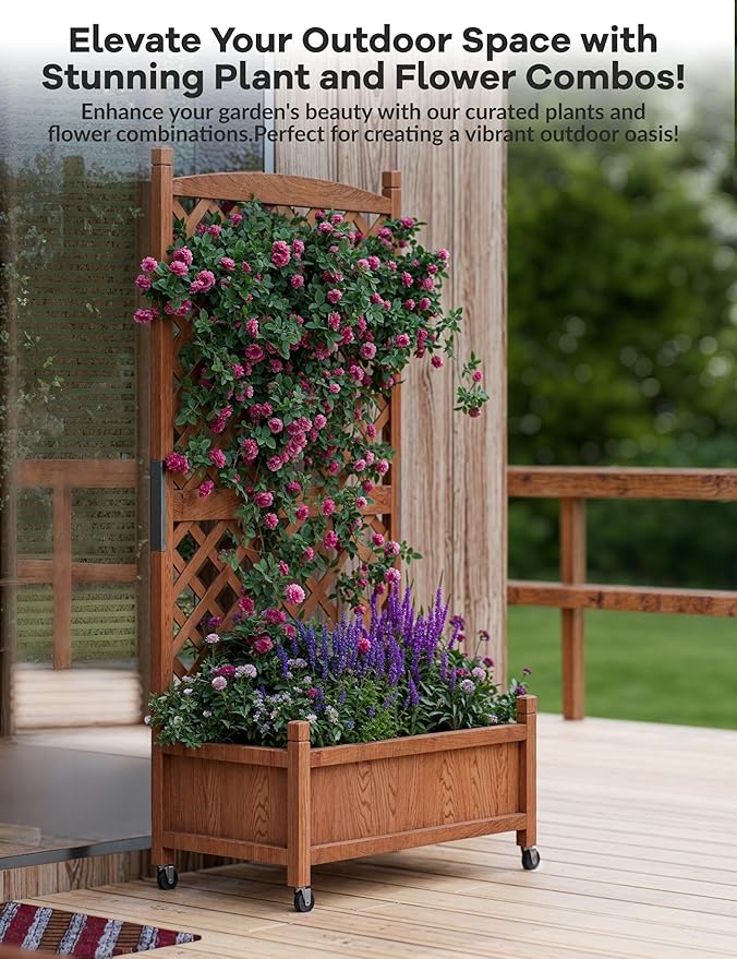 2-Pack Tall Wood Planter Box with Trellis, 29.5" h Vertical Garden on Wheels with Drainage Holes, for Climbing Plants, Herbs, Flowers in Patio & Balcony