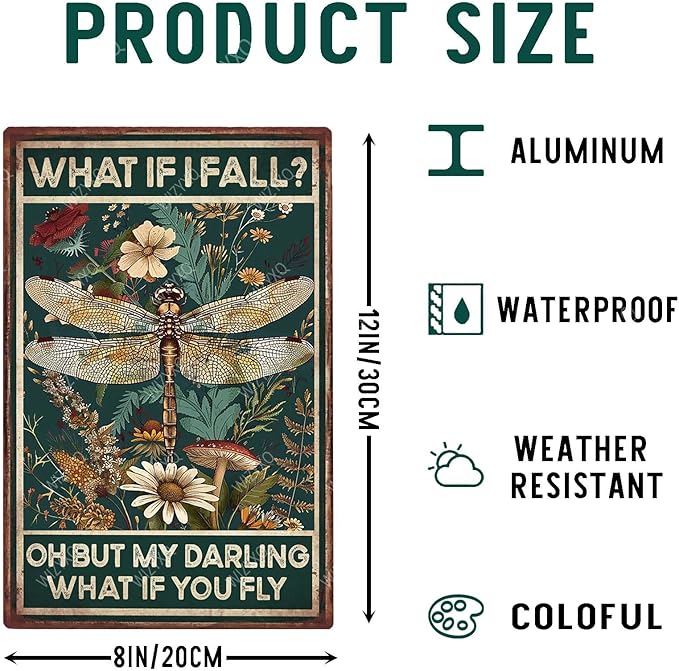 Funny Metal Signs Dragonfly What If I Fall Oh But My Darling What If You Fly Vintage Tin Sign Retro Hippie Room Wall Decor for Home Bedroom 8×12 Inches