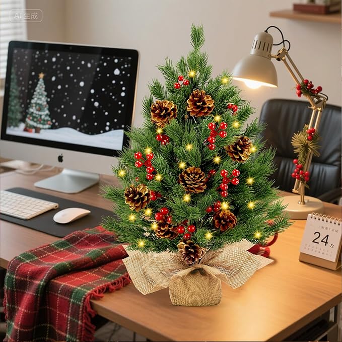 [ 8 Modes & Timer] 24 Inch Realistic Tabletop Christmas Tree Small Christmas Tree with 50 Warm Lights Battery Operated Indoor Home Table Christmas Decorations