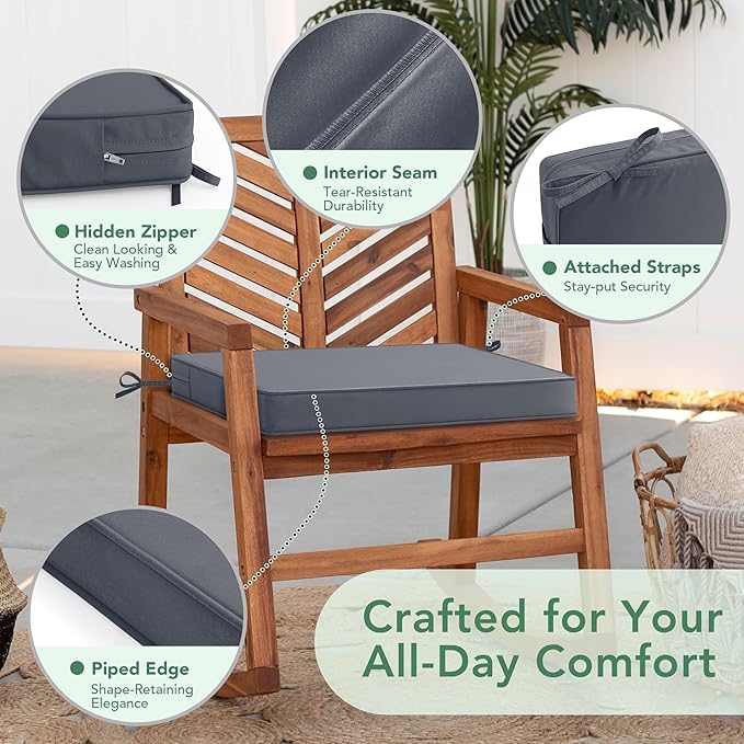 Outdoor Chair Cushions Set of 2: Waterproof & Fade Resistant Seat Cushion for Patio Furniture - 19 x 19 x 2 Inch Chair Pads with Ties and Hidden Zipper -Patio Chair Cushion Replacement, Dark Grey