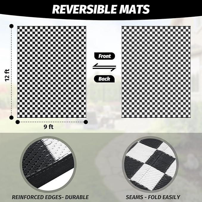 GOTGELIF Black and White Classic Checkerboard Outdoor Area Rug 9x12FT, Reversible & Water-Resistance & Portable Plastic Straw Rug for RV Trips, Picnic, Camping, Outdoor, Garden, Patio