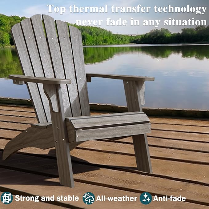 Psilvam Oversized Adirondack Chair, Fade-Resistant & Odor-Free Poly Lumber Fire Pit Chairs with Cup Holder, Weatherproof Lawn Chair, Easy 15 Min Install Patio Chair, 350 Lbs Support (2, Light Gray)