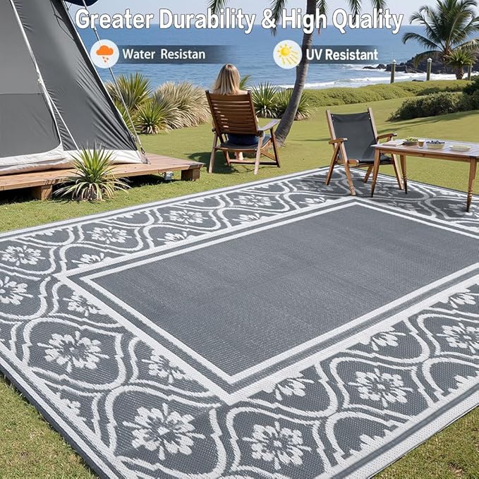 HUGEAR Outdoor Rug 9'x12' Patio Waterproof Mat Camping Carpet Outside Area Rug Reversible Grey Rugs for RV Deck Entryance Porch Picnic Balcony Beach
