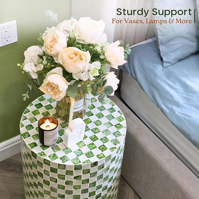 19.7” Checkered Capiz Shells Drum End Table, Decorative Cylinder Side Table & Garden Stool, Round Pedestal Accent Table for Living Room, Bedroom, Indoor & Outdoor (Pistachio Green)