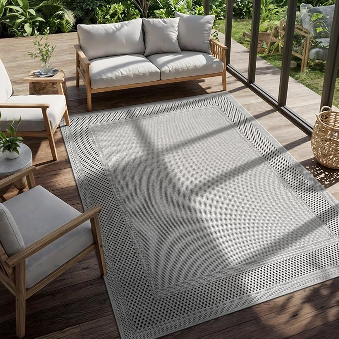 CAMILSON Easy Jute Rug 8x10, Indoor Outdoor Off-White Color Fiber Area Rugs for Entry, Living Room and Bedroom Rug, Bordered Boho Woven Design, Easy-Cleaning, Washable Outside Carpet (8 x 10)