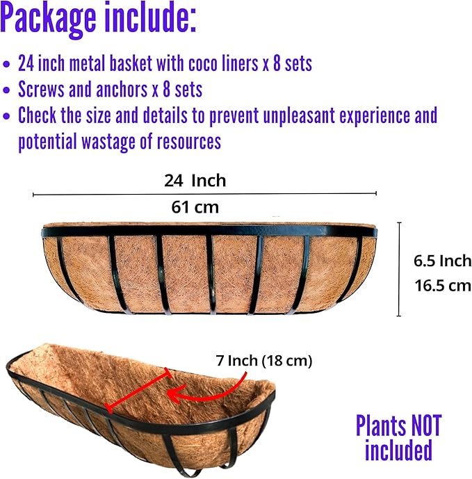 LaLaGreen Outdoor Wall Planter for Plants (24 Inch, 8 Pack) Large Black Metal Basket with Coco Liner, Window Flower Box Deck Railings Hanging Balcony Plant Holder Pot Garden Fence Balcony Patio Rail