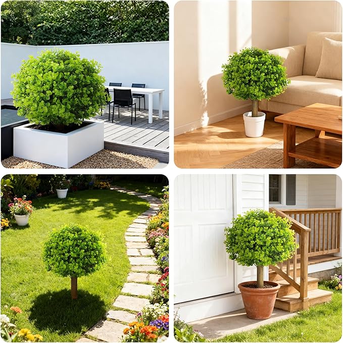 Set of 2 Artificial Boxwood Topiary Ball Bush for Outdoor with Spike,UV Resistant Faux Boxwood Ball Tree with Stake,Weatherproof Fake Round Topiary Shrub Plant for Front Porch Planter