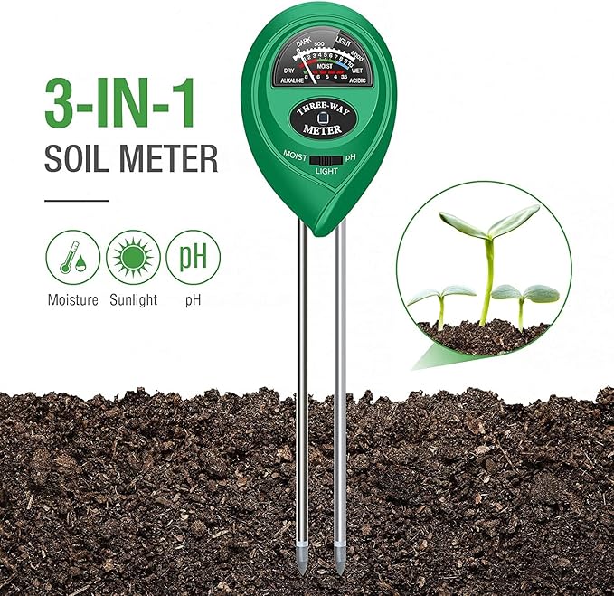 apine Soil Moisture Meter,3 in 1 Soil pH Tester,Soil Tester with Moisture,Light,and pH Test for Garden,Farm,Lawn,Indoor,Outdoor (No Battery Needed)