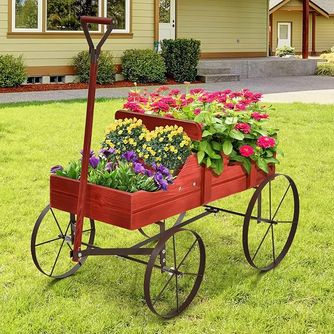 Wooden Wagon Planter with Wheels, Indoor/Outdoor Flower Cart w/Dual-Compartment & Adjustable Handle, Decorative Garden Planter for Home, Yard, Wedding (Red)