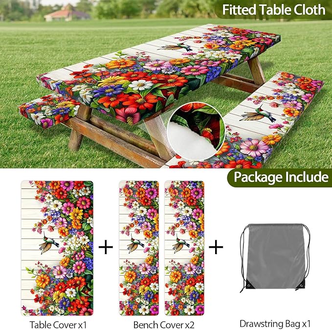 Floral Picnic Table Cover with Bench Covers, Camping Bird Flower Wooden Spring Essentials Waterproof Windproof Camping Tablecloth with Drawstring Bag, Fitted Rectangle Tables and Seats, 72in