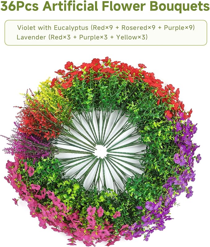 SHareconn 36 Bundles Artificial Flowers for Outdoors Decoration, Faux Plants Fake Silk Colorful Daisy Eucalyptus Lavender, UV Resistant for Outside Home Porch Patio Indoor Spring Decor, Mix 3 Colors