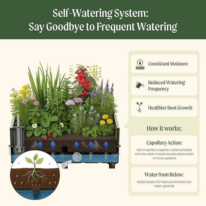 Vego garden EZCube Self Watering Planter Box with Legs, 29" Elevated Raised Garden Bed with Water Gauge for Patio, Backyard 21" x 24" Sage Green