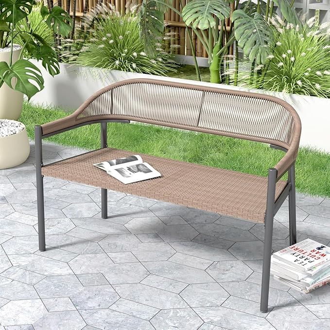 Outdoor Loveseat Bench,46.8 Inches Wicker Frame Patio Bench, All Weather Outdoor Bench with Rattan Backrest Armrests and Metal Legs for Lawn, Front Porch, Park, Yard