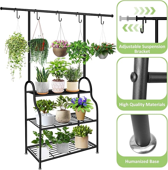 3 Tier Metal Plant Stand Indoor Outdoor, Heavy Duty Metal Hanging Plant Shelf for Multiple Flower Planter Holder, Tall Plant Holder with Plant Hanger for Garden, Living Room, Balcon