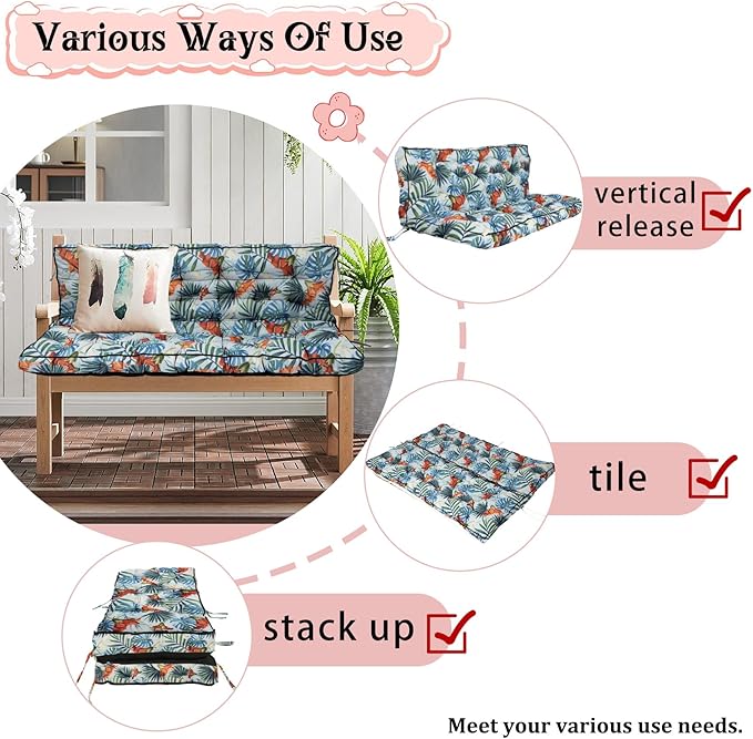 2-3 Seat Swing Replacement Cushion, Outdoor Bench Cushions with Backrest Thicken 4", Patio Furniture Garden Porch Loveseat Glider Pad Anti-Fading Waterproof (Hawaiian Flower, 40x63in-thicken)