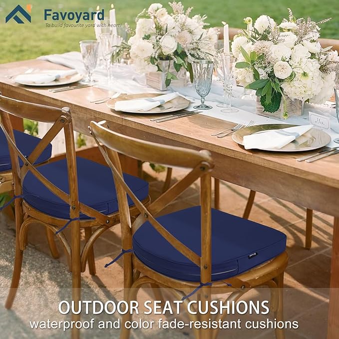 Favoyard Outdoor Chair Cushions 17"x16"x2" Set of 4 Waterproof Seat Cushion for Patio Furniture with 3-Year Fade Resistant Removable Cover Attach Straps Hidden Zipper Round Corner for Yard Garden