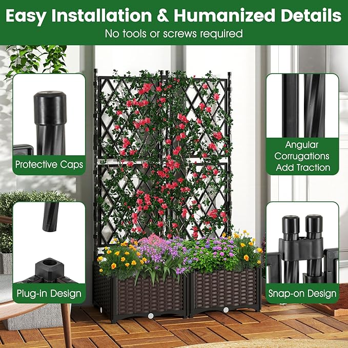 HAPPYGRILL Raised Garden Bed with Trellis, Double Self-Watering Planter Boxes w/Drain Holes for Climbing Vines Flowers Vegetables, Indoor Outdoor Tall Plant Support Privacy Fence for Backyard Balcony