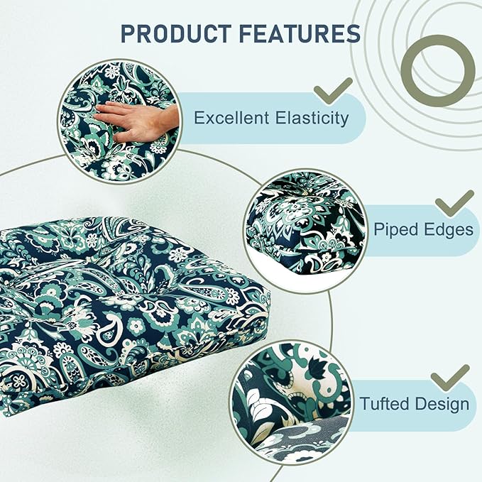 downluxe Outdoor Chair Cushions Set of 2 for Patio Furniture, Waterproof Tufted Overstuffed Patio Furniture Cushions, Thick Outdoor Seat Cushion, 19" X 19" X 5", Green Paramecium
