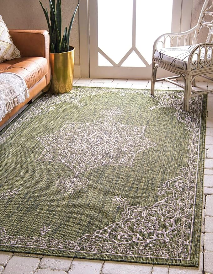 Unique Loom Outdoor Traditional Collection Area Rug - Antique (7' 1" x 10' Rectangle, Green/ Gray)