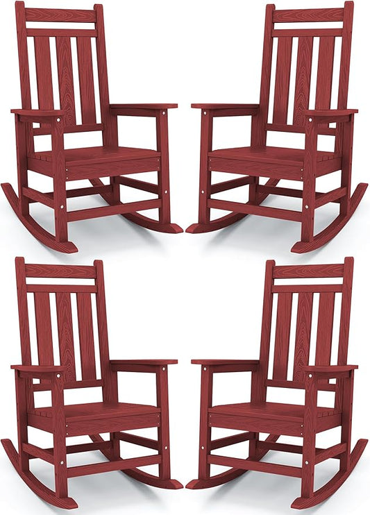 KINGYES Oversized Outdoor Rocking Chair Set of 4, All-Weather Patio Rocking Chairs for Porch, HDPE Outdoor Patio Rockers with High Back & Wide Seat for Garden, Lawn, Red