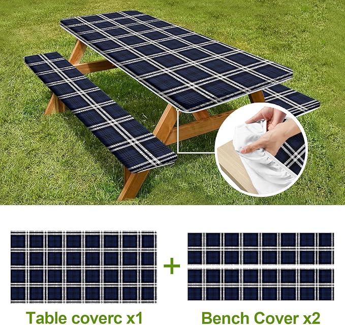 Picnic Table Cover with Bench Covers Set of 3 - Classic Checkered Navy Blue Plaid Tablecloth, Elastic Fitted for 6 Ft Tables, Washable Polyester Cover for Camping, Indoor & Outdoor