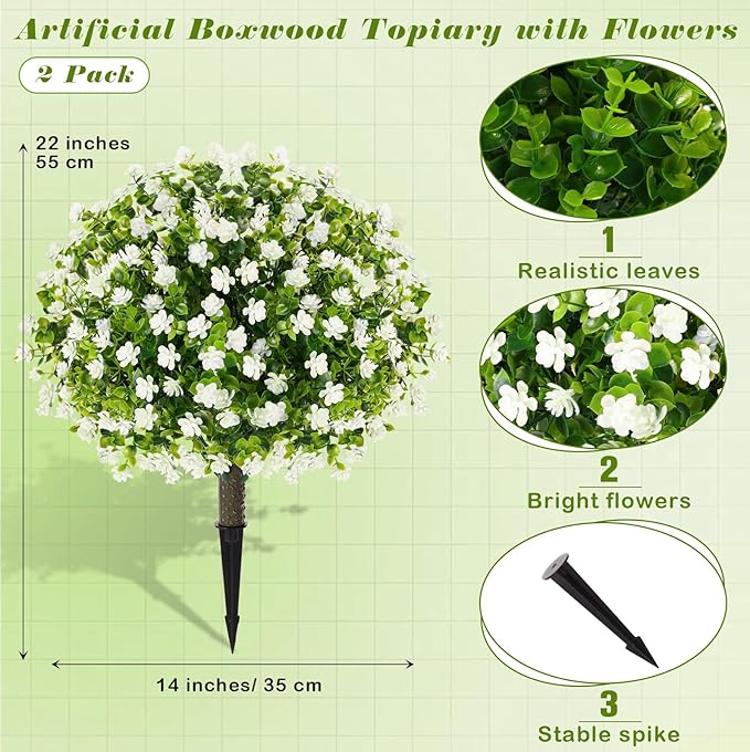 Yunlly 2 Pcs Outdoor Artificial Topiary Ball Trees 22" with Colorful Flowers, Boxwood Fake Bushes Shrubs with Spike, UV Resistant Evergreen Plants for Front Porch Garden Decor (White)