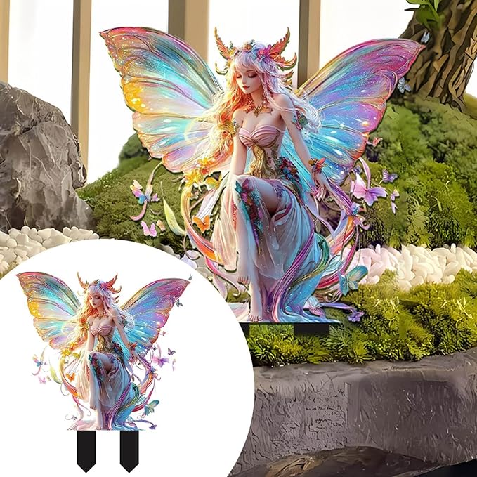 JOYO 11.8''Bohemian Fairy Flower Pot Decoration,2D Acrylic Ground Plug,Fairy Garden Planter Accessories,Fairy Pumpkin Angel Garden Stake for Pot Plants and Garden Yard Lawn Décor (R)