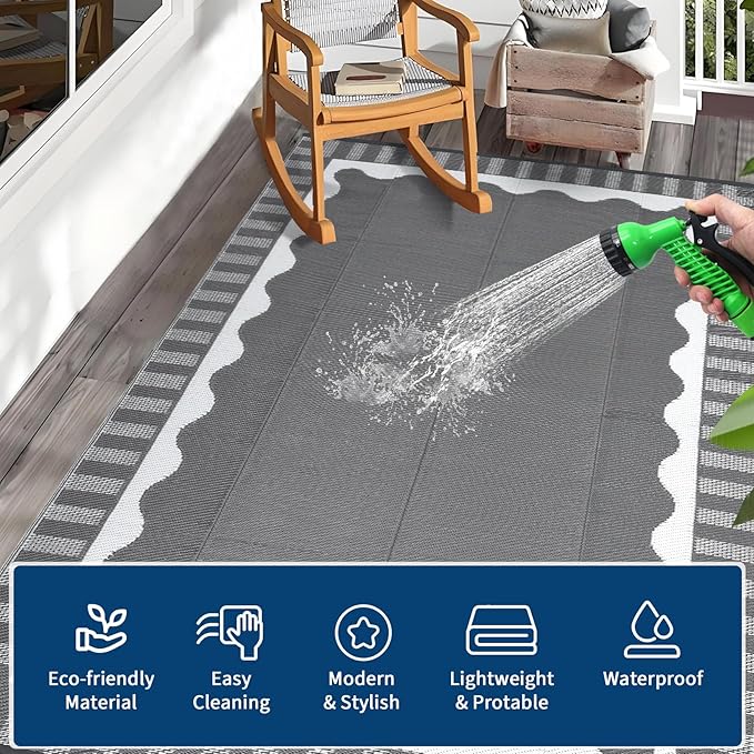 9x12 Outdoor Rug Waterproof Foldable Plastic Straw Carpet for Patio Porch Scalloped Border Reversible Mat Lightweight Floor Mat for Picnic, Backyard, Rv, Beach, Deck, Camper, Balcony，Grey