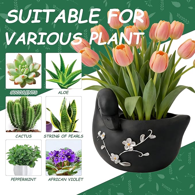 Teaeeno Decorative Garden Swan Planters Succulent Pots Indoor Unique Flower Plant Pots Cement Swan Decor Home Garden Balcony Decor (Black)
