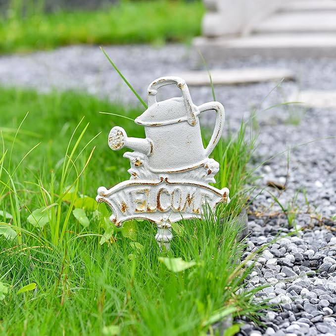 Sungmor Vintage Cast Iron Decorative Garden Stake, Rustic White Welcome Yard Art Sign with Stake, 12.6" Tall Metal Watering Can Stake with Welcome Sign, Lawn Patio Backyard Outdoor Spring Decor