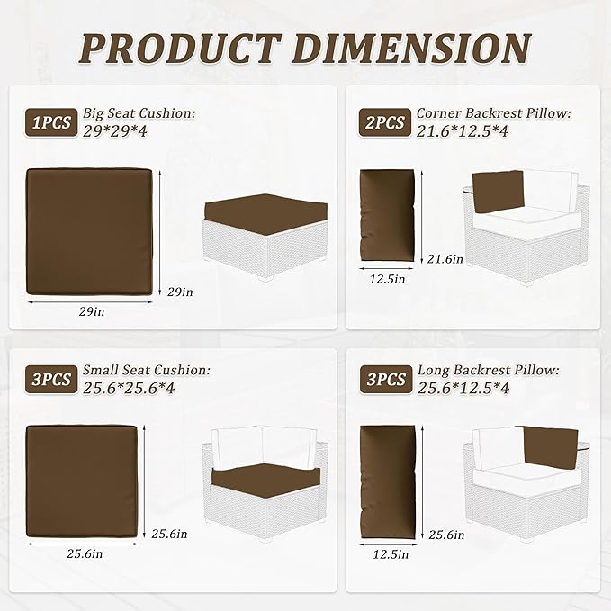 Patio Furniture Cushions, Replacement Outdoor Cushions for 4-Seat Patio Furniture, Waterproof Cushions for Outdoor Sectional Sofa Couch, Chocolate