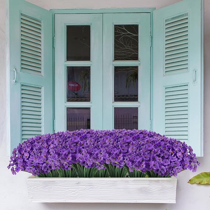 22 Bunches of Outdoor Artificial Flowers, UV Resistant Fake Flowers Artificial Silk Flowers with Plastic Plants for Indoor Outdoor Front Porch Hanging Planter Decoration (22, Purple)