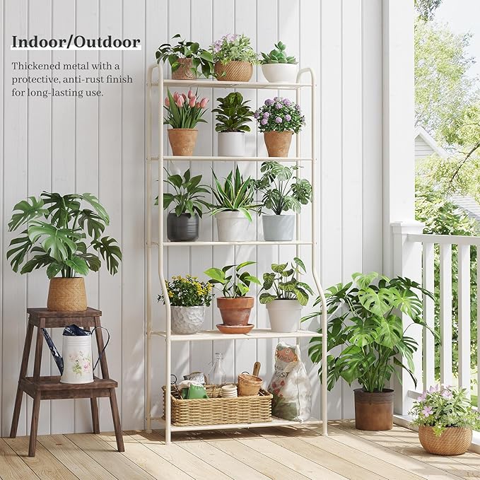 Plant Stand Indoor Outdoor for Multiple Plants, 5 Tier Tall Heavy Duty Metal Shelf, Large Flower Pot Holder Ladder for Garden, Patio, Living Room, Balcony, White