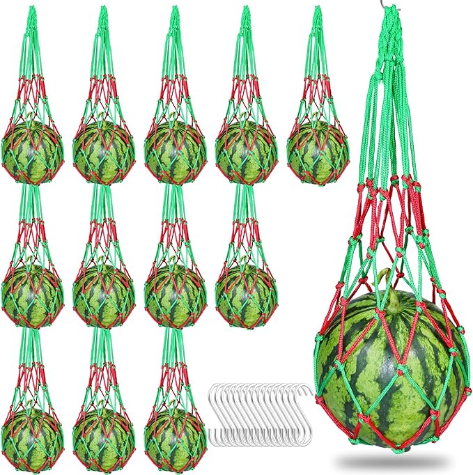 24 Pack Melon Hammocks Cradles with S Hanging Hooks, Heavy Duty Watermelon Nets Melon Hammock for Trellis Pumpkin Hanging Bags for Growing Cantaloupe Pumpkin in Vertical Garden (Red and Green, 24)