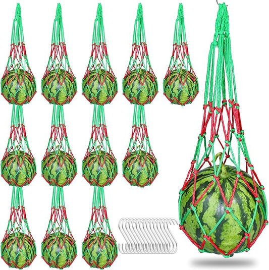 24 Pack Melon Hammocks Cradles with S Hanging Hooks, Heavy Duty Watermelon Nets Melon Hammock for Trellis Pumpkin Hanging Bags for Growing Cantaloupe Pumpkin in Vertical Garden (Red and Green, 24)