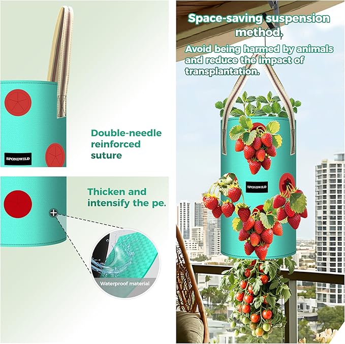 3 Pack Hanging Strawberry Planter Bags, 1 Gallon Hanging Grow Bags with Bottom Planting Hole, Thickened PE Strawberry Pot for Vegetables Herbs Tomatoes