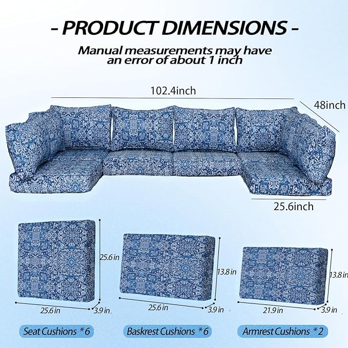 Patio Furniture Cushions,14Pieces Water-Resistant Outdoor Replacement Cushions,Sectional Sofa Cushions for Fits 6-Seats Rattan Wicker Patio Conversation Sets