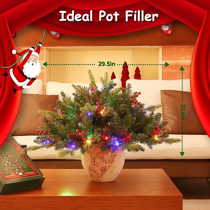 JOYHALO 2 Pack Set 30Inch Christmas Urn Filler with 40 Lights in Warm White and Multicolor, Christmas Pot Fillers with PVC&PE Branches, Outdoor Xmas Trees for Porch Pathway Entryway Yard Decorations