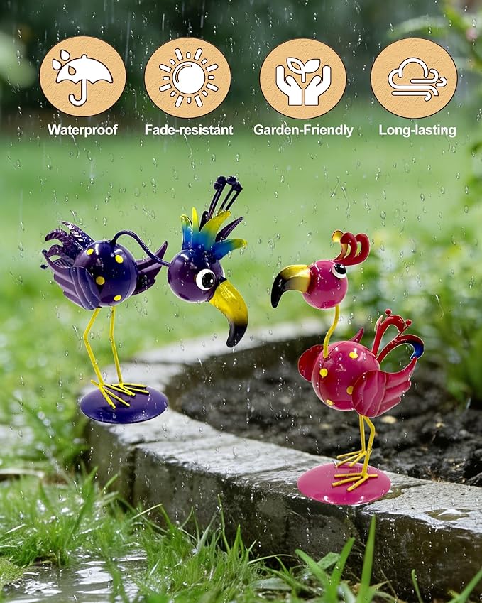 Metal Bird Statues for Outdoor Garden (with Round Base and Stake)(Weathering Resistant) 2 Pack Handcrafted Yard Bird Figurines Metal Art, Cute Lawn Ornaments Funny Decor Gift (Pink & Purple)