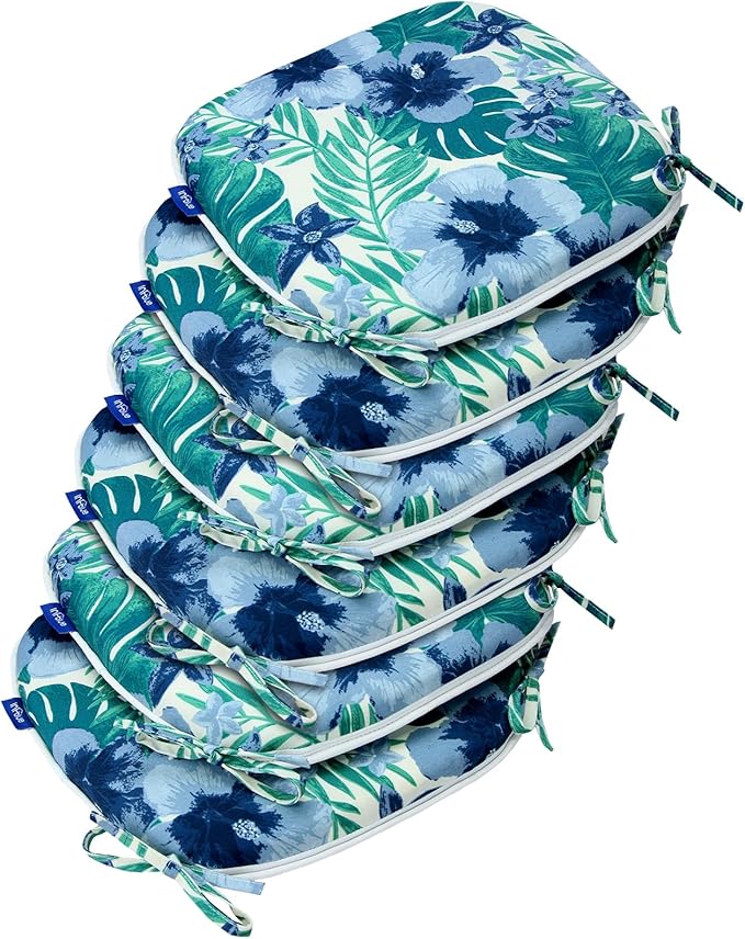 SleepMan Outdoor 17"x16" Chair Cushions with Ties Set of 6, Water Resistant All Weather U-Shape Seat Pads for Patio Garden Furniture Indoor Fade Resistant Patio Cushions (Blue Flower)