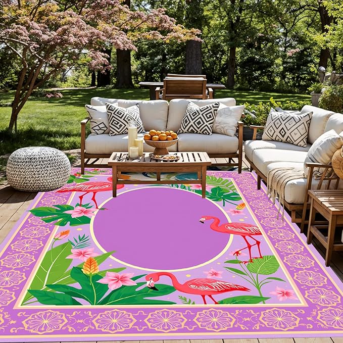 Double Layer 3D Border Design Flamingo Tropical Flower Outdoor Rug for Patio Deck Balcony Porch Garden Pool RV Camping Watepproof Easy Clean Outside Carpet Pink Lavender Green 7x14