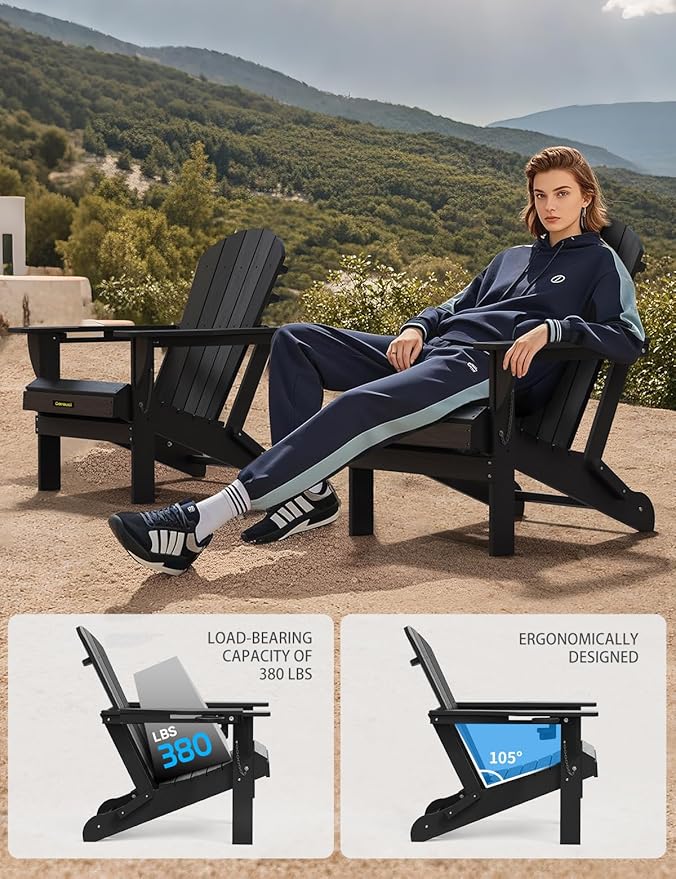 Carauci Plastic HDPE Adirondack Chair, Folding Adirondack Chair Weather Resistant with Cup Holder, Wooden Textured Fire Pit Outdoor Chair for Garden, Porch, Lawn, Backyard, Supports 380LBS, Black