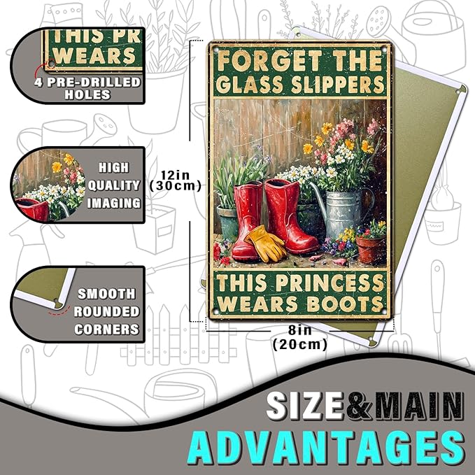 PEACHGARDEN Funny Garden Signs Metal Tin Sign Forget The Glass Slippers This Princess Wears Boots Poster Garden Wall Decor for Outdoor Yard Patio Greenhouse 8x12inch