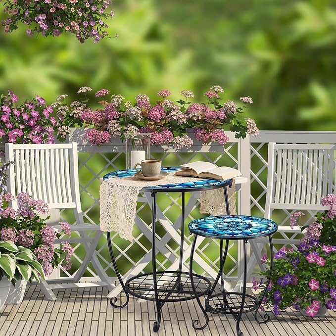2 Pcs Outdoor Side Table Small Patio Round Mosaic Accent Indoor End Table Plant Metal Coffee Tea Tables for Patio Yard Porch Garden Living Room(12" and 16",Mandala Style)