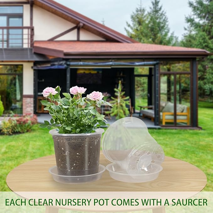 30 Pack 5/6/7 Inch Clear Nursery Pots with Drainage and 30 Pack Plant Saucers, Plant Pots for Plants Transparent Potting Containers for Plants Seeding Starter Pot (Clear, 5/6/7 Inch)