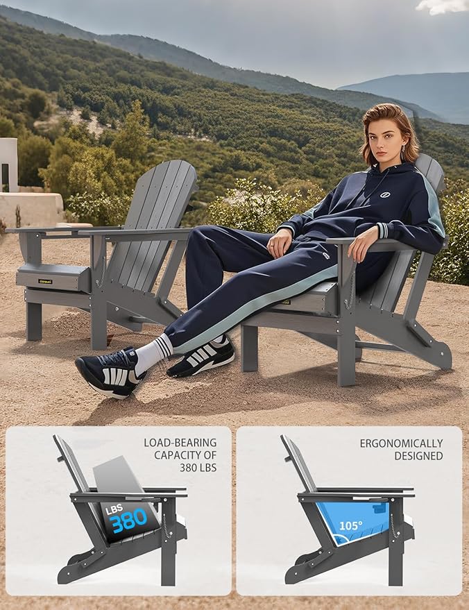 Carauci Plastic HDPE Adirondack Chair, Folding Adirondack Chair Weather Resistant with Cup Holder, Wooden Textured Fire Pit Outdoor Chair for Garden, Porch, Lawn, Backyard, Supports 380LBS, Grey