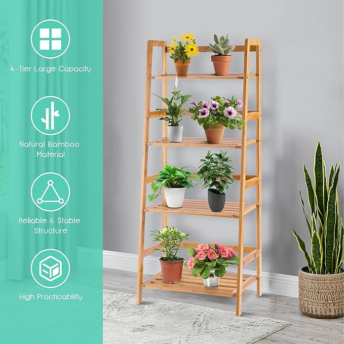 Giantex 4-Tier Bamboo Plant Stand Flower Pots Holder Display Shelf, 47.5inch Ladder Shelf Plants Organizer Rack for Patio Balcony Garden Home, Bookcase Planter Storage Shelving Unit Indoor Outdoor