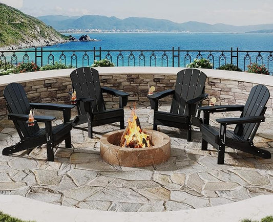 Folding Adirondack Chair Set of 4, All-Weather HDPE Outdoor Chair, Wooden Textured with Cup Holder for patios, Decks, Gardens, fire pits, Black