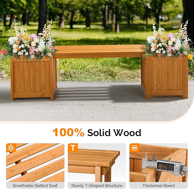 VINGLI Outdoor Wood Bench with Planter Boxes, 2-in-1 All-Weather Porch Bench Seat ＆ Open-Ended Wooden Raised Garden Bed, for Balcony Yard Patio (2 Boxes)